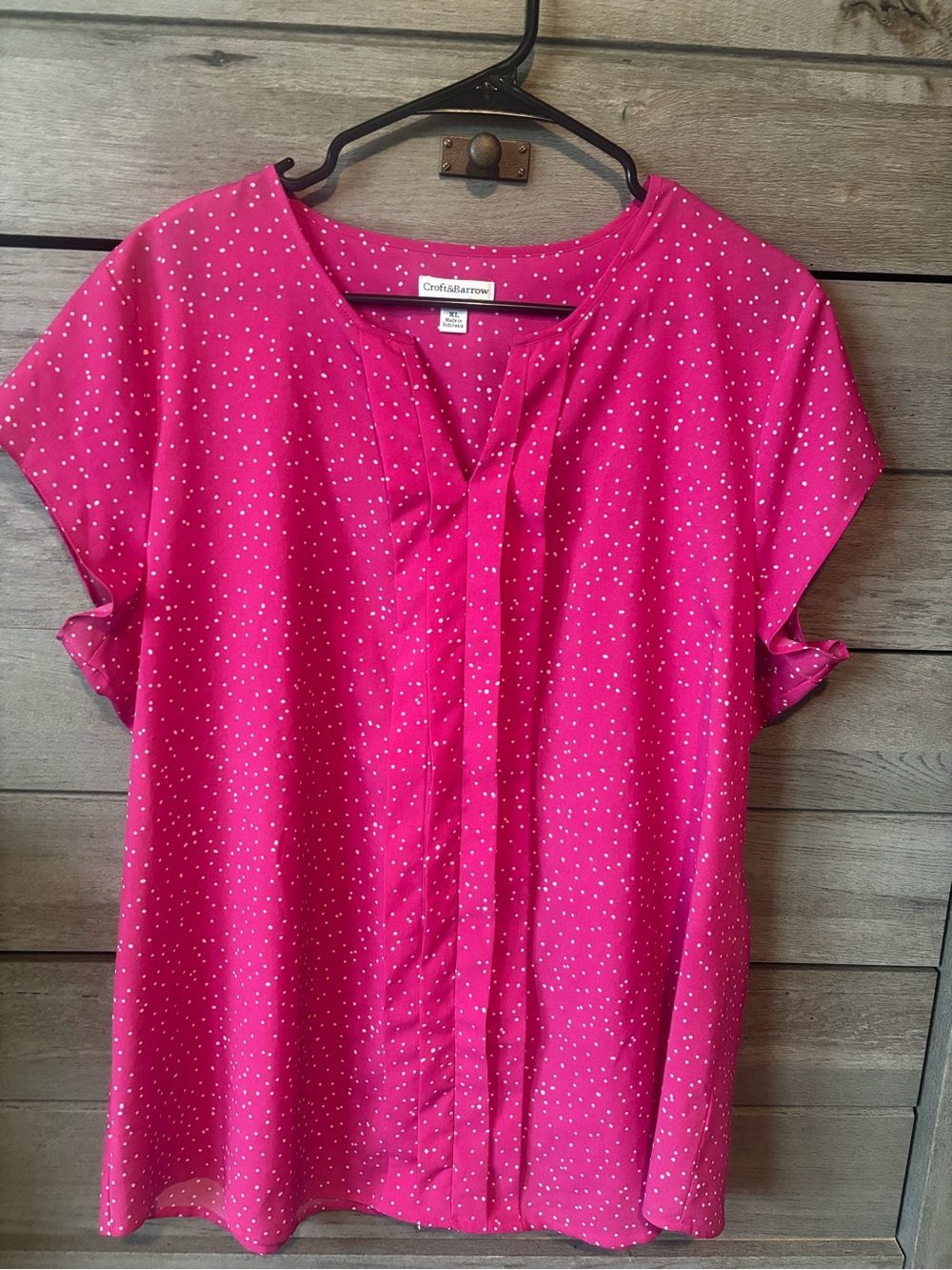 croft & barrow Hot Pink Dot Pleated Short Sleeve Blouse